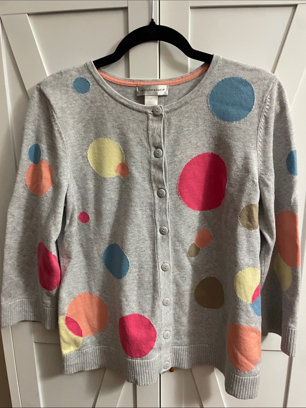 Christopher & Banks Gray Polka Dot Cardigan Preppy Business Casual Office